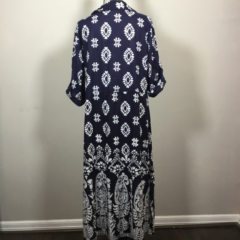 Mlle Gabrielle Navy blue paisley 100% cotton long dress like new button top sz L - Picture 5 of 8